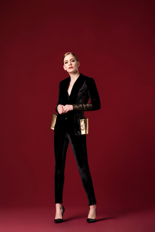 Leatherette Panelled Velvet Jacket with Sheer-Mesh Side Panelled Stretch Velvet Pant