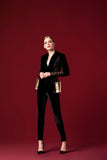 Leatherette Panelled Velvet Jacket with Sheer-Mesh Side Panelled Stretch Velvet Pant