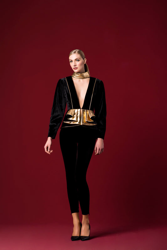 Structured Leatherette and Velvet Jacket with Pant