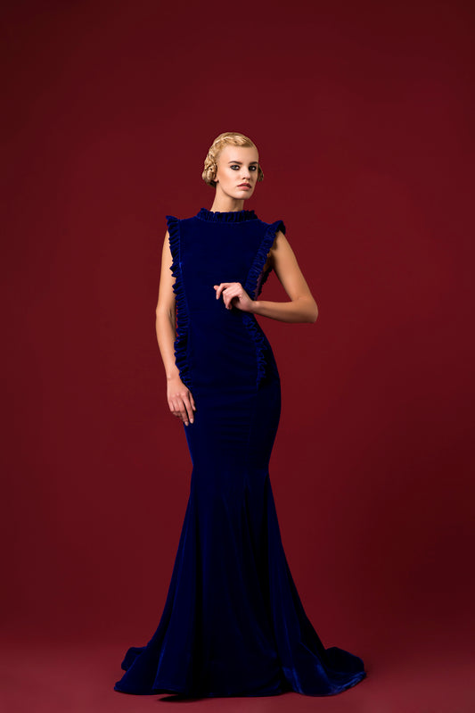 Shinny Velvet Ruffle Detailed Velvet Gown