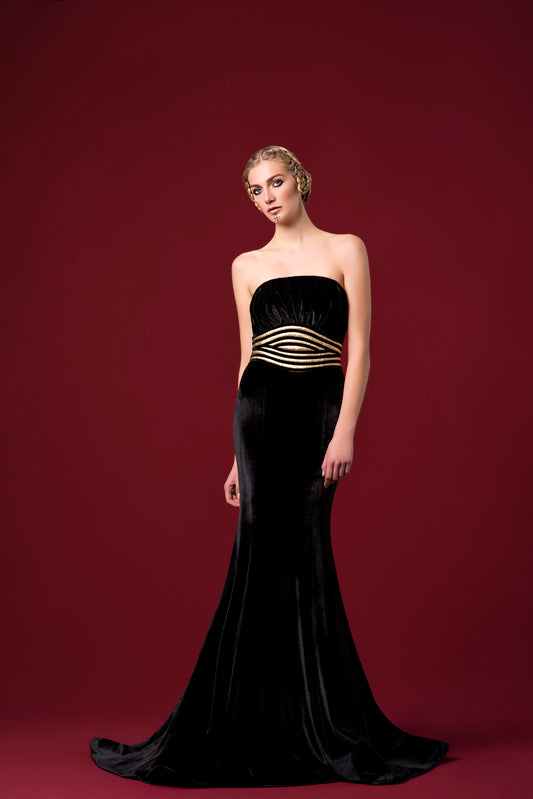 Stretch Velvet Dress with Velvet Piping Detailed Belt