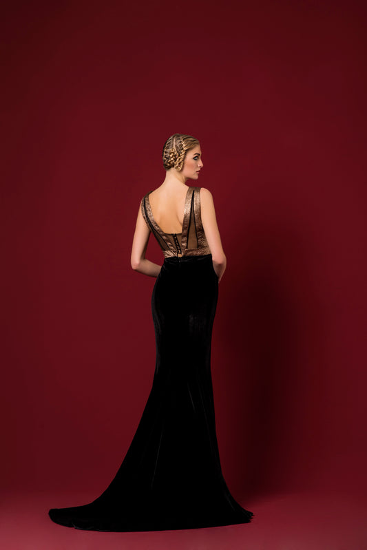 Metallic Jacquard Panelled Stretch Velvet Long Dress