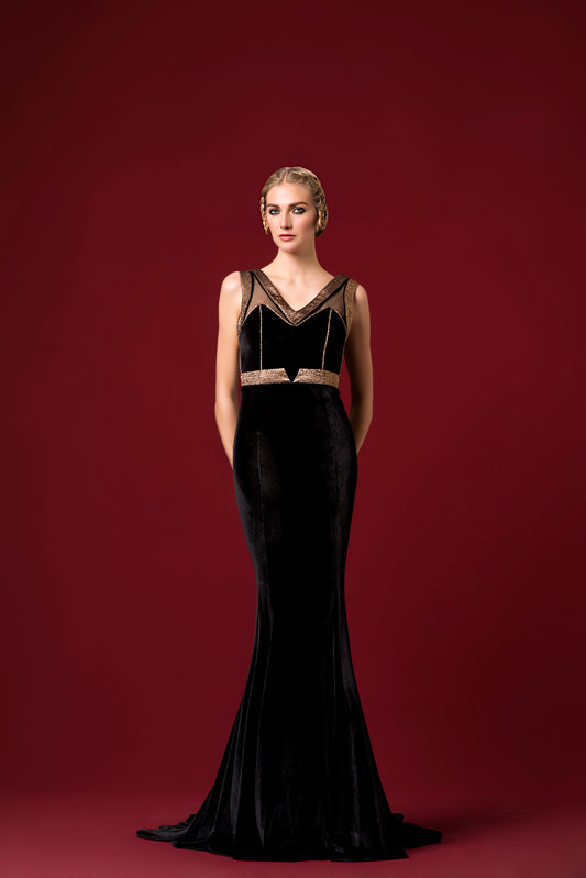 Metallic Jacquard Panelled Stretch Velvet Long Dress
