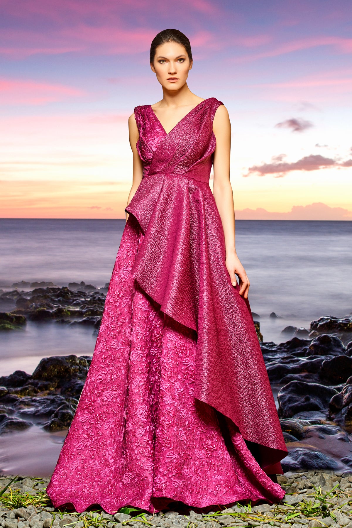 Draped Metallic and Flowered Jacquard Gown