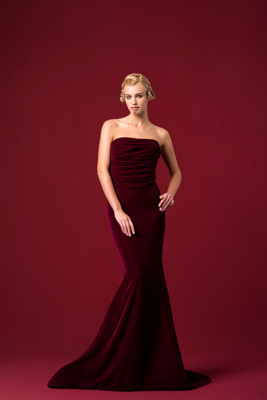 Draped Strapless Shinny Velvet Long Dress