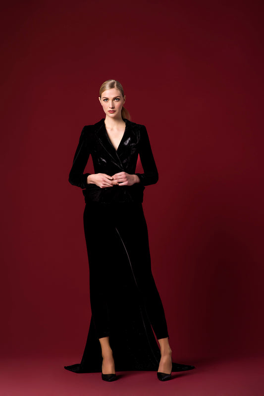 Draped Double-Breast Velvet Jacket with Stretch Velvet Pant