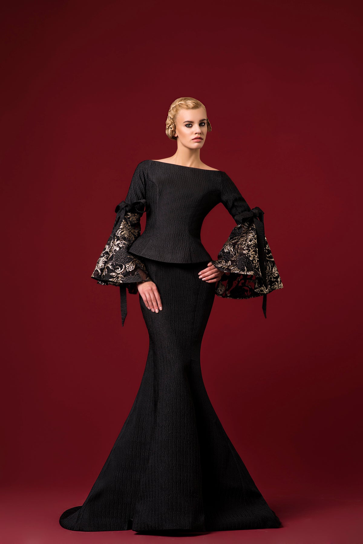 Jacquard Dress with Flowered Burn-Out Organza Sleeves