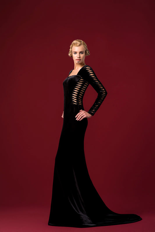 Lazer Cut Detailed Stretch Velvet Long Dress