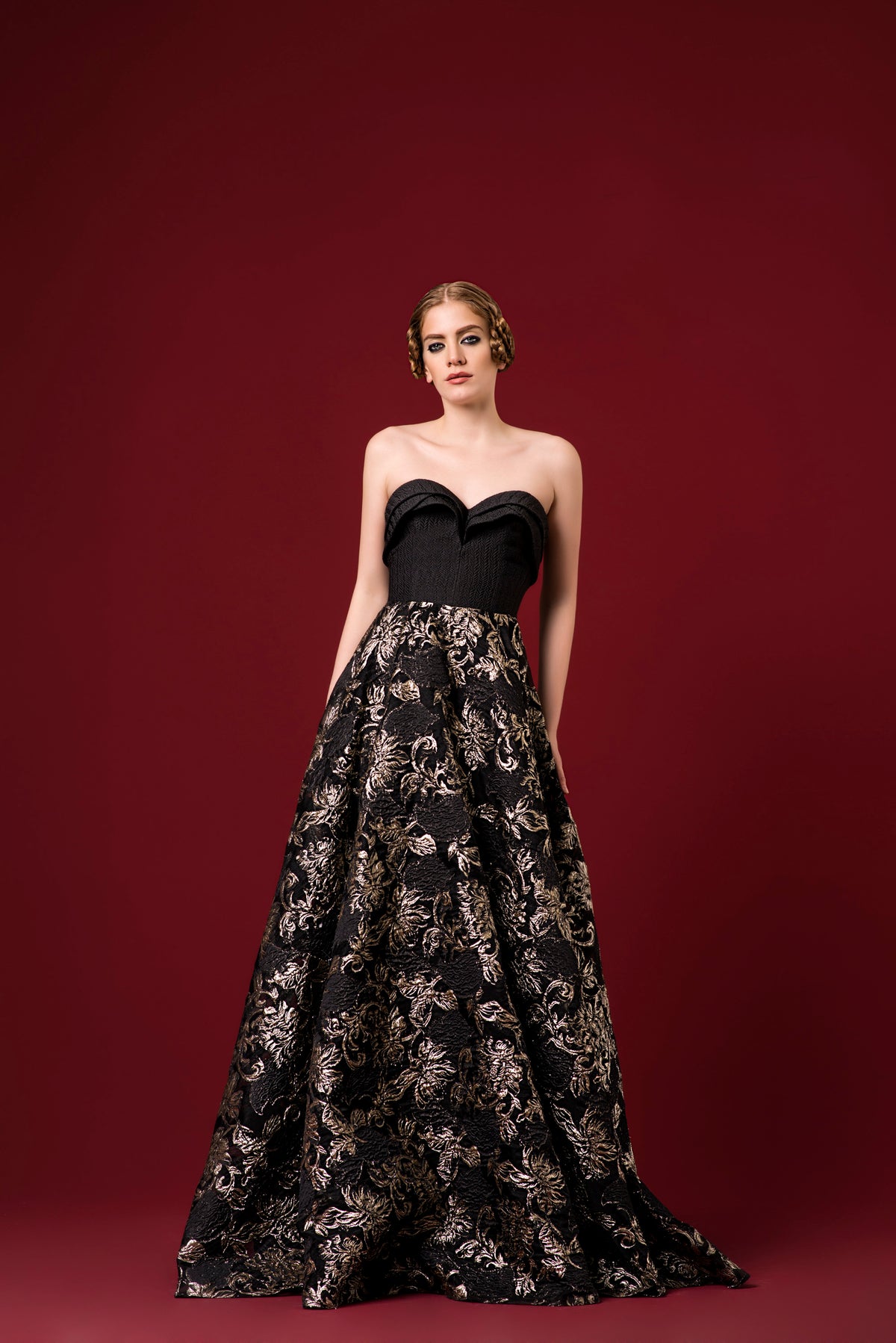 Jacquard Gown with Flowered Burn-Out Organza