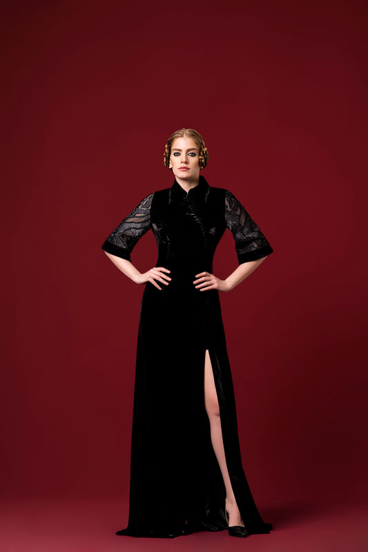 Shinny Velvet Long Dress with Jacquard Organza Sleeves