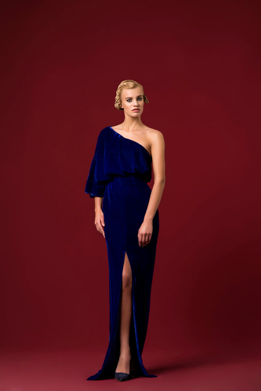 Draped One Shoulder Shinny Velvet Long Dress