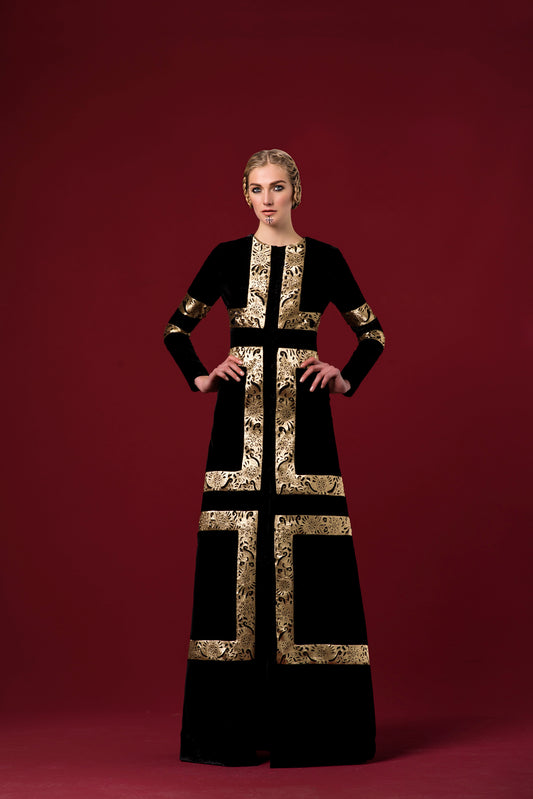 Metallic Lazer-Cut Panelled Shinny Velvet Long Jacket