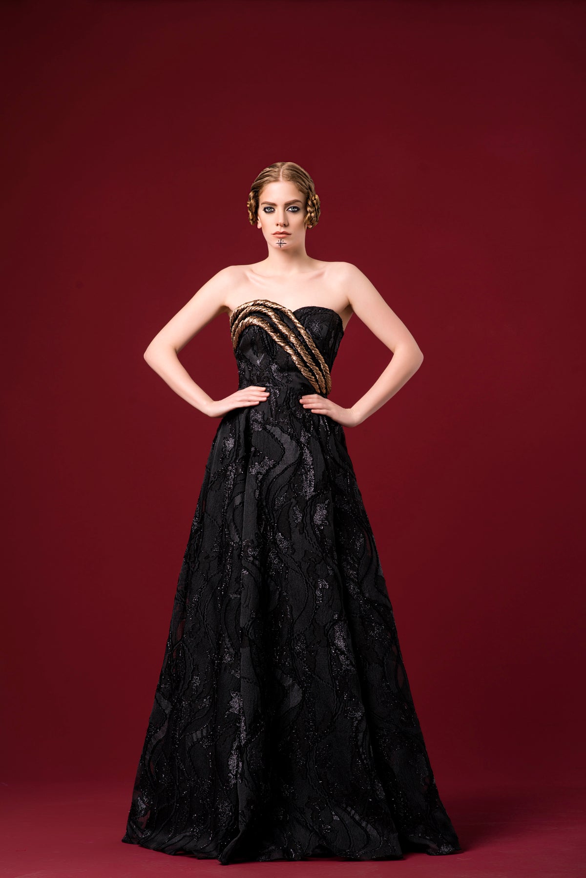 Lazer-Cut Detailed Strapless Jacquard Organza Dress