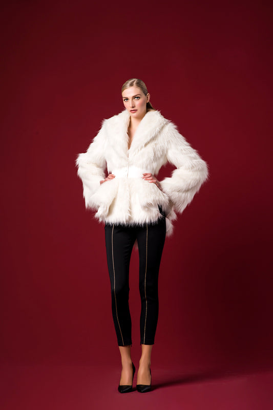 Structured Peplum Faux-Fur and Double Viscose Jacket with Metallic Piping Detailed Double-Faced Viscose Pant