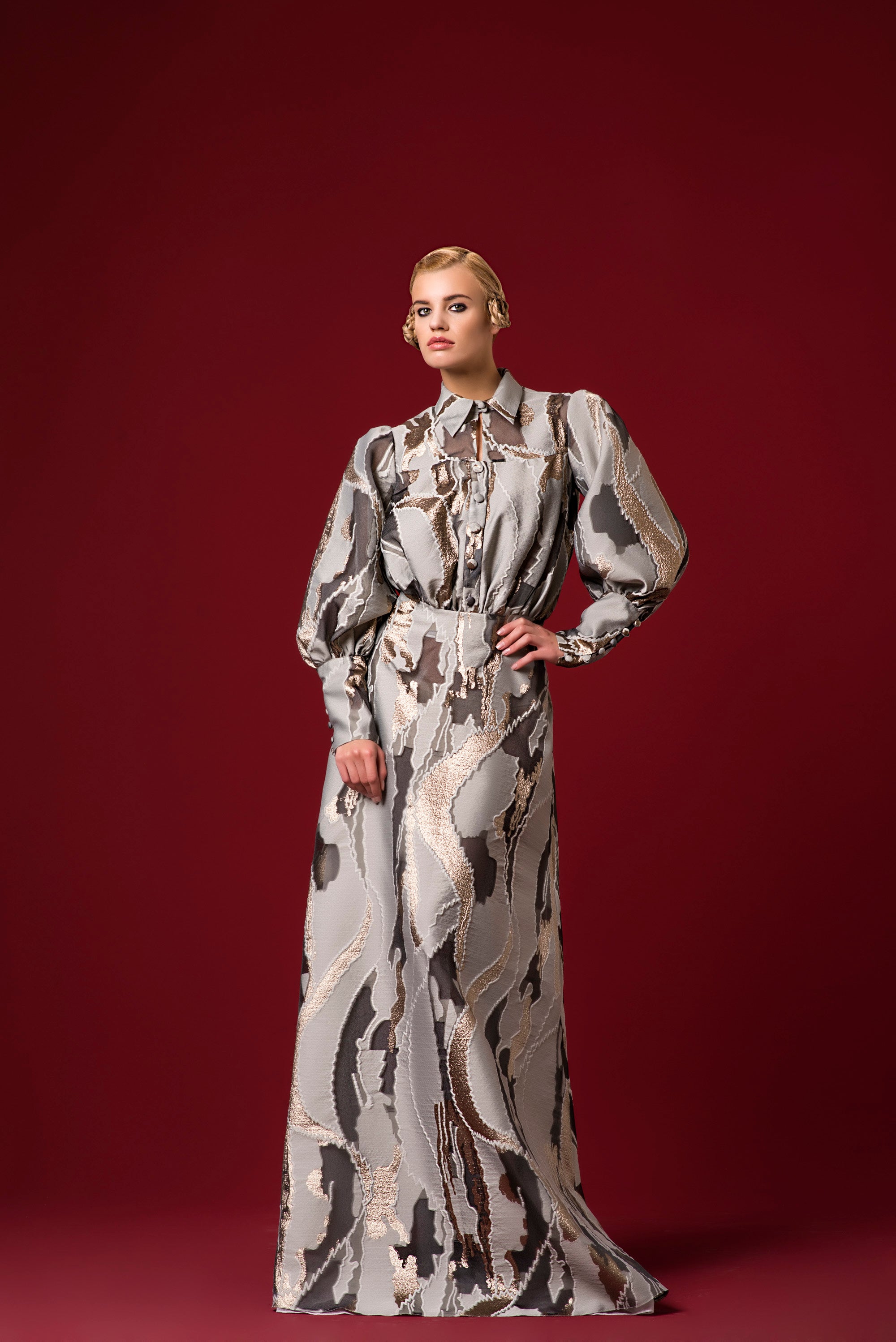 High-Volume Sleeved Camouflage Organza Long Dress