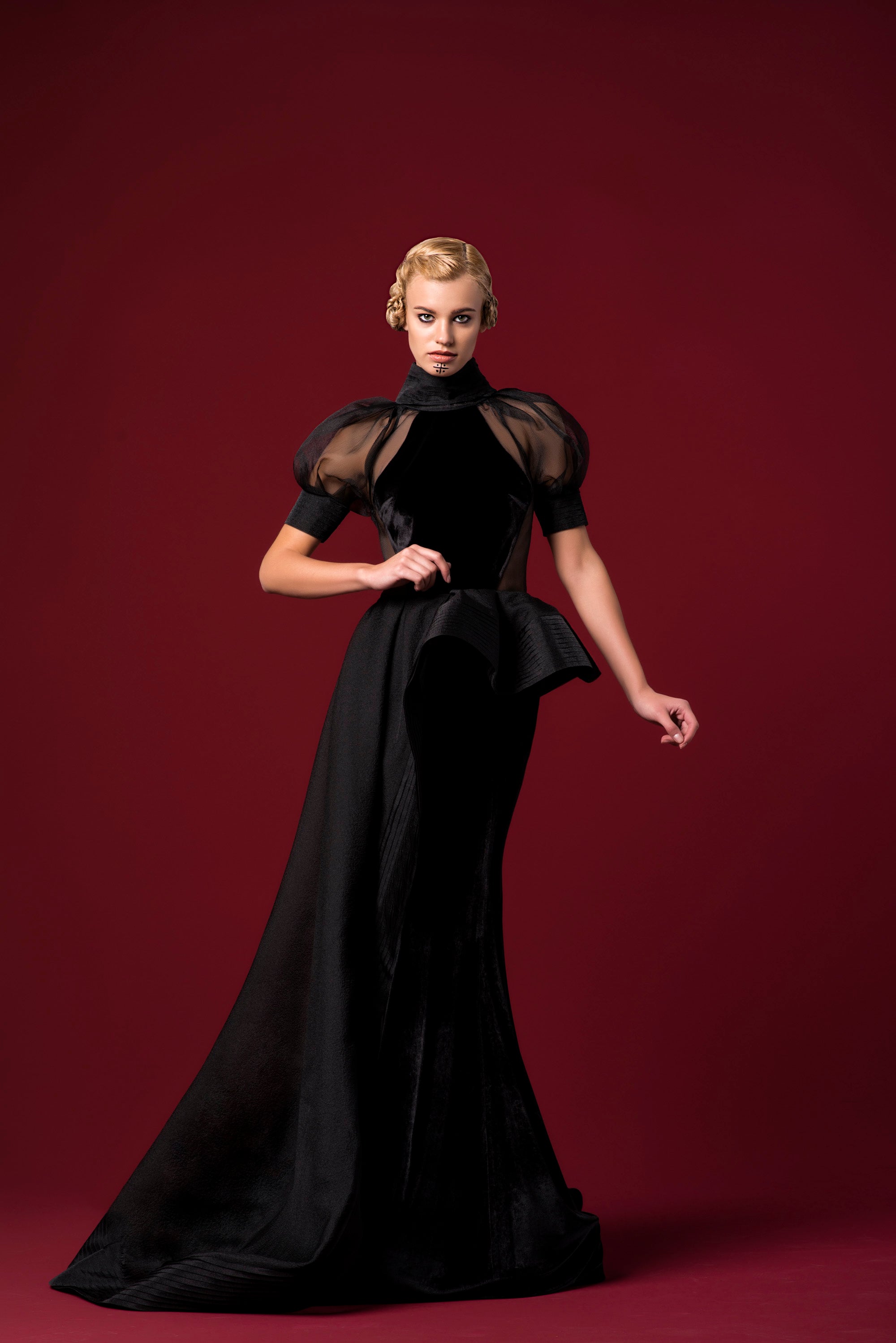 Puff Organza Sleeve Detailed Velvet Long Dress