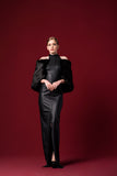 Stretch Leatherette Long Dress with Faux-Fur Sleeves