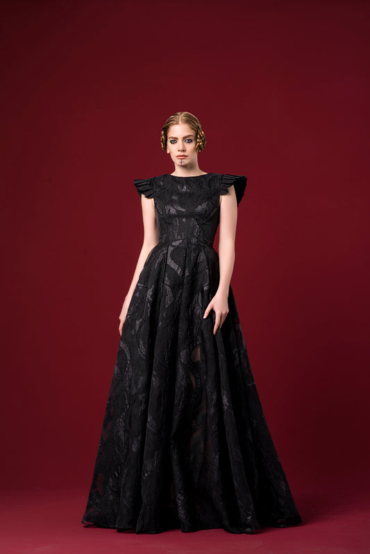 Pleated Sleeve Detailed Camouflage Organza Dress