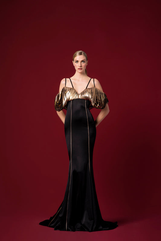 Leatherette Lazer-Cut Detailed Stretch Satin Long Dress