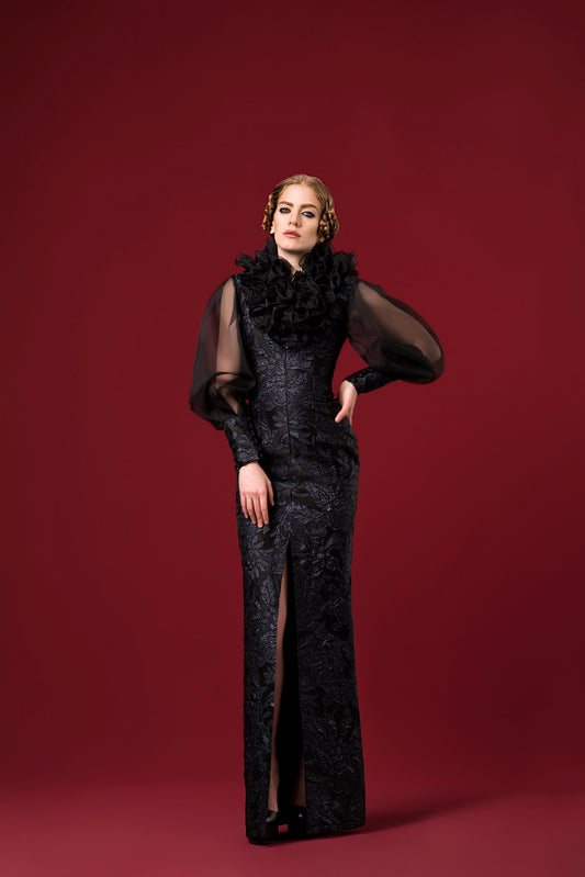 Organza Ruffled Fowered Jacquard Long Dress