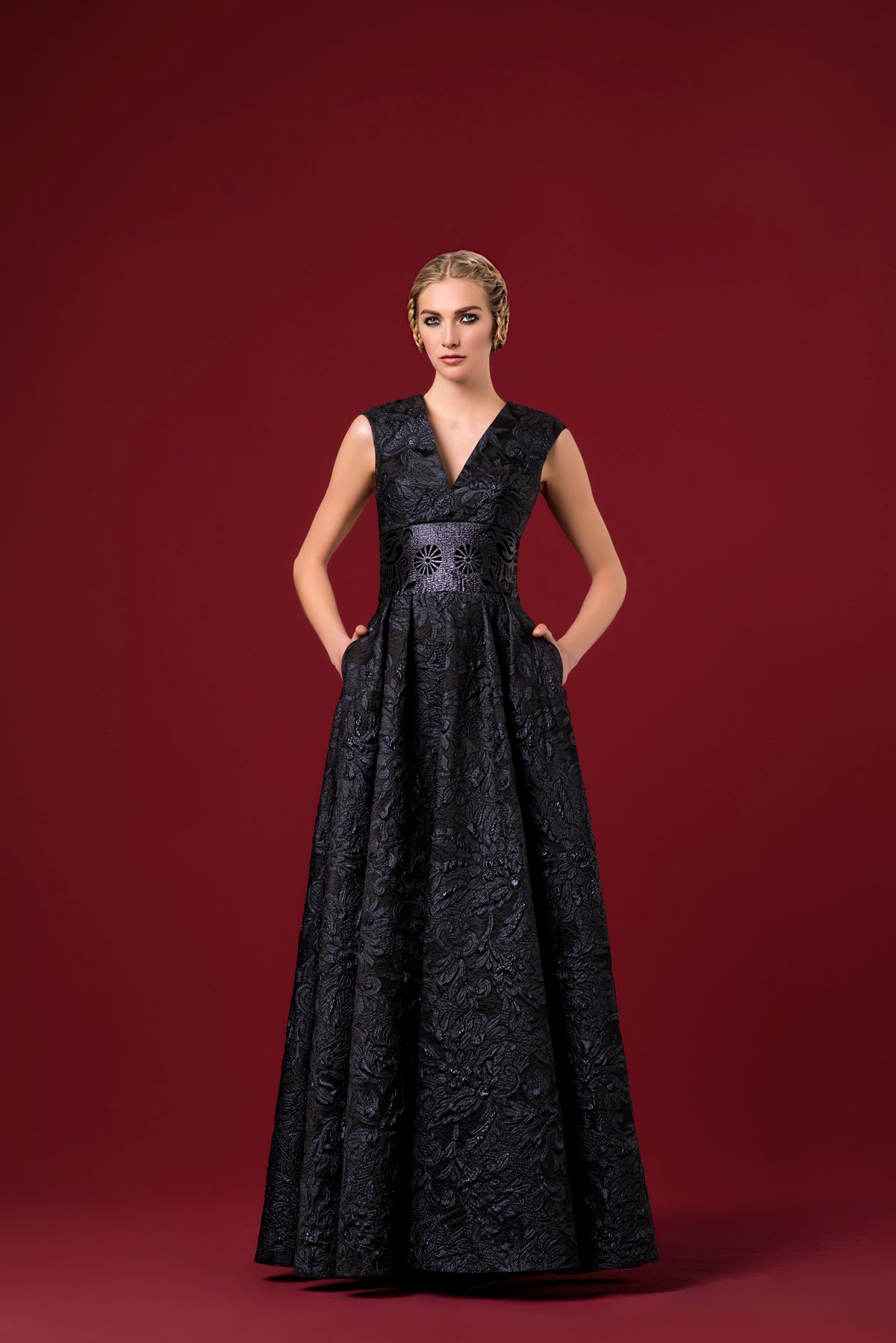 Lazer-Cut Detailed A-Line Jacquard Dress