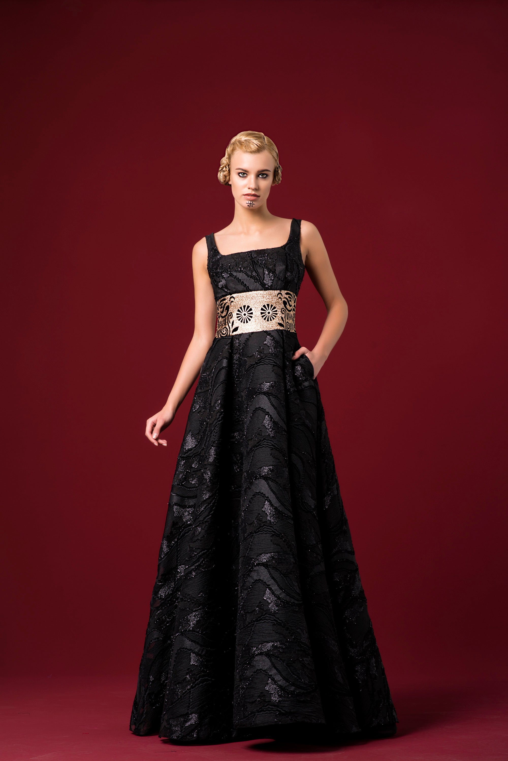 Lazer-Cut Waist Band Detailed Jacquard Organza A-Line Dress