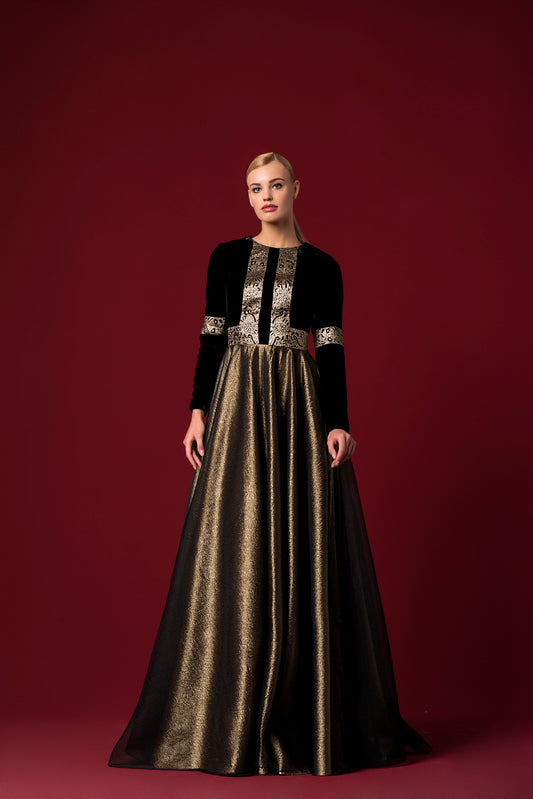 Laser Cut Jacquard and Velvet Long Dress