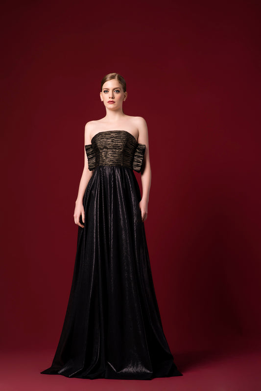 Pleated Foiled Sheer-Mesh Long Dress