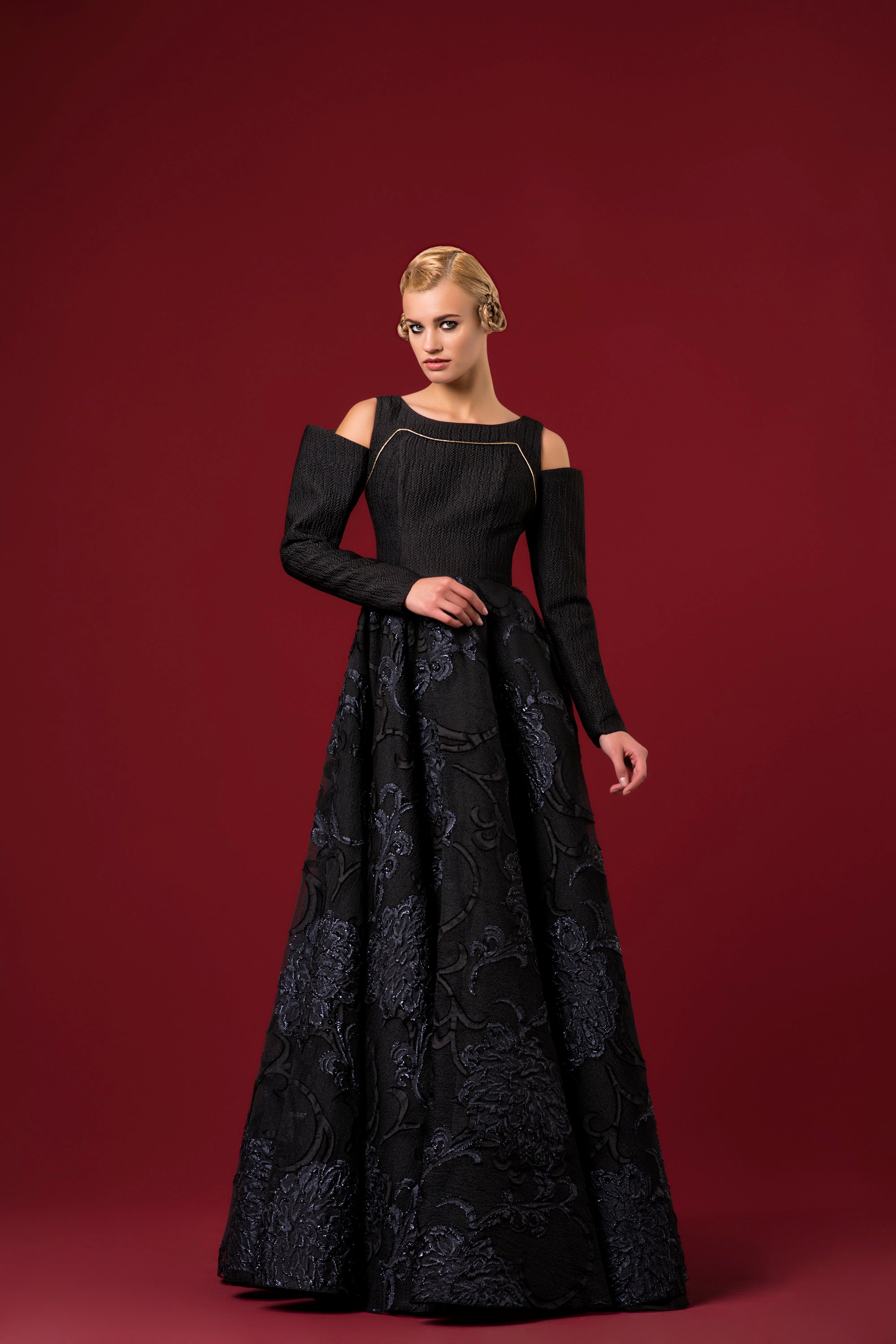 Structured Flowered Burn-Out Organza and Jacquard Gown
