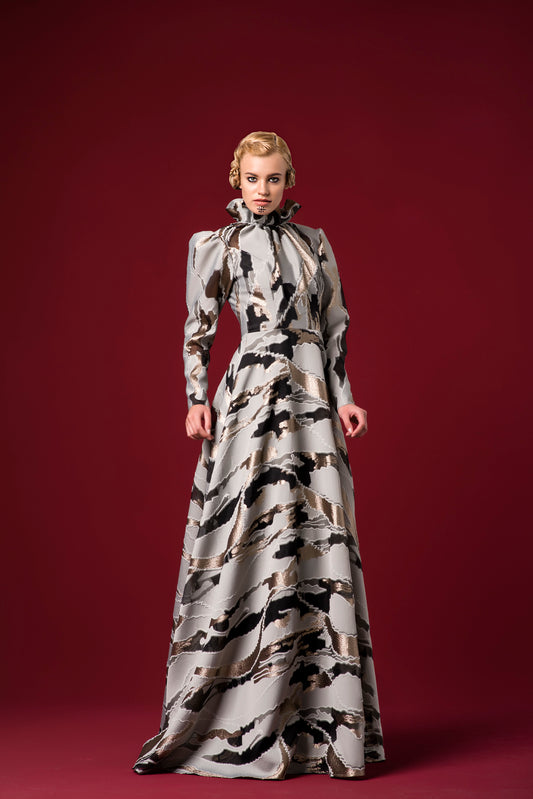 Ruffled Collar Camouflage Jacquard Long Dress