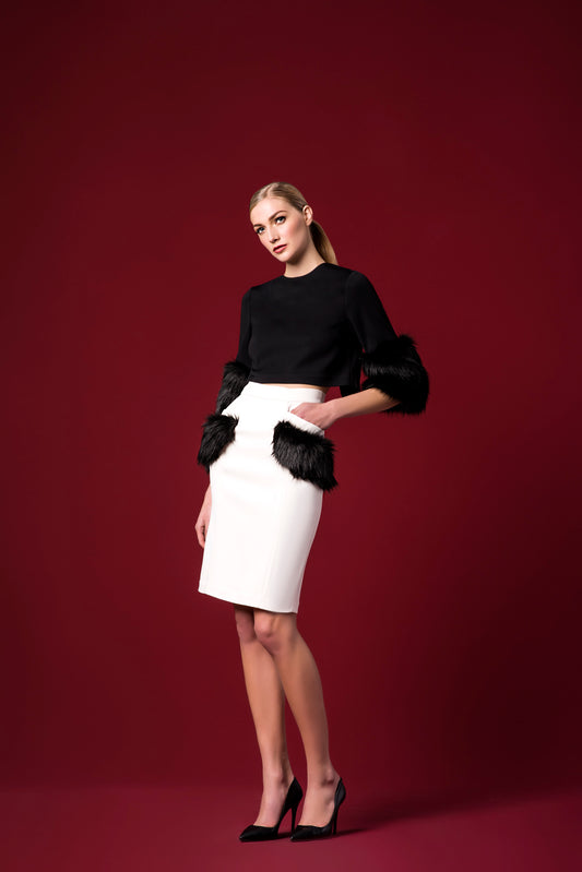 Faux-Fur Sleeve Detailed Double-Faced Viscose Top and Skirt