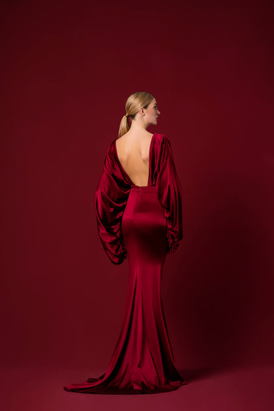 Draped Open-Back Stretch Satin Viscose Long Dress