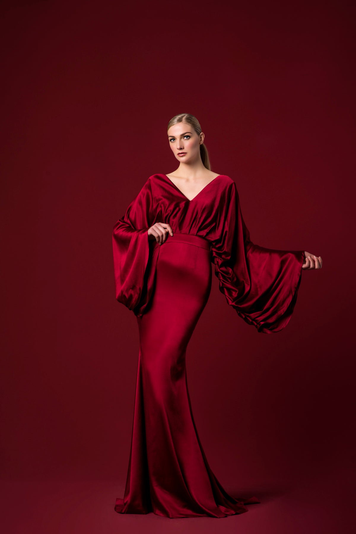 Draped Open-Back Stretch Satin Viscose Long Dress