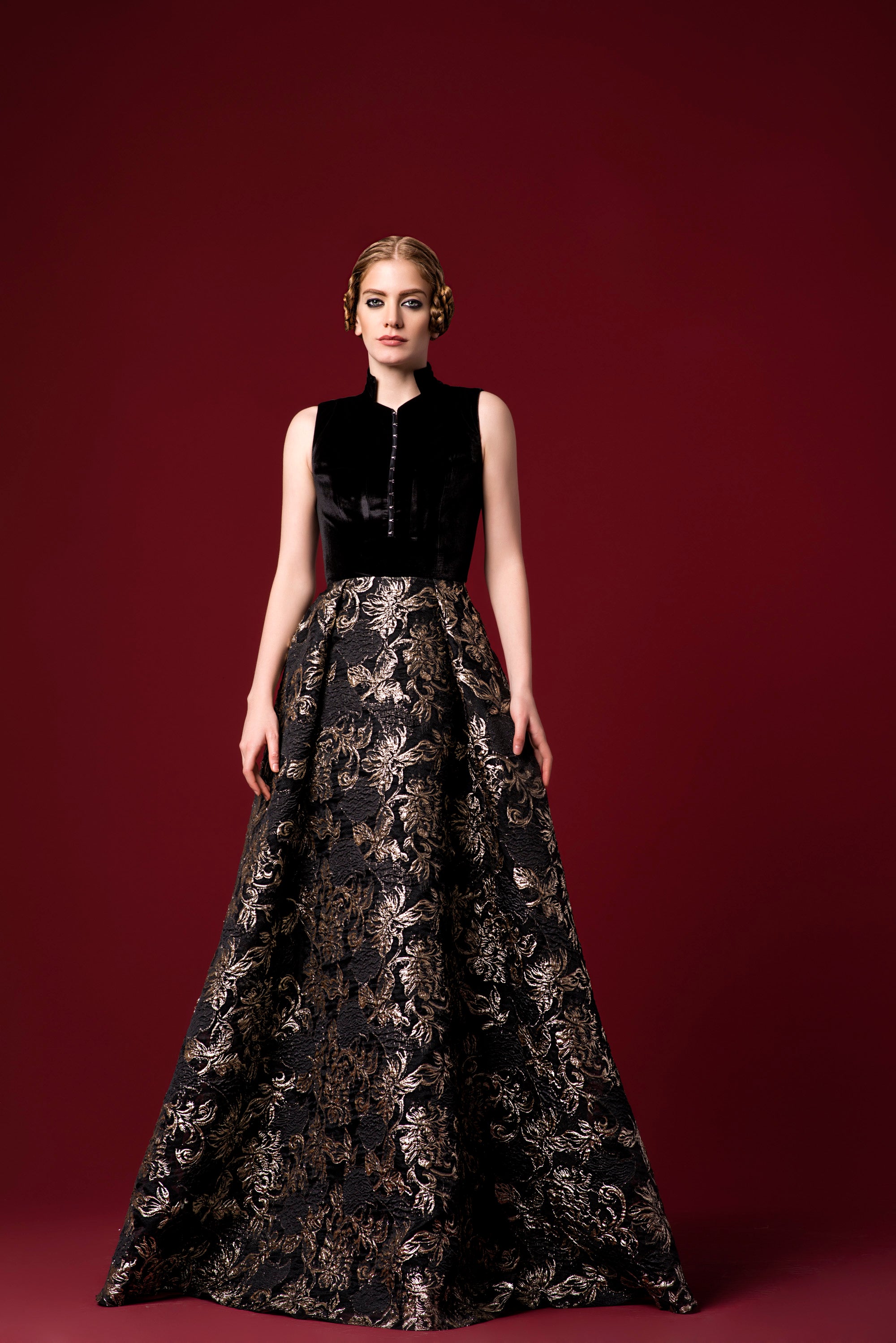 Stretch Velvet Gown with Flowered Burn-Out Organza Dress