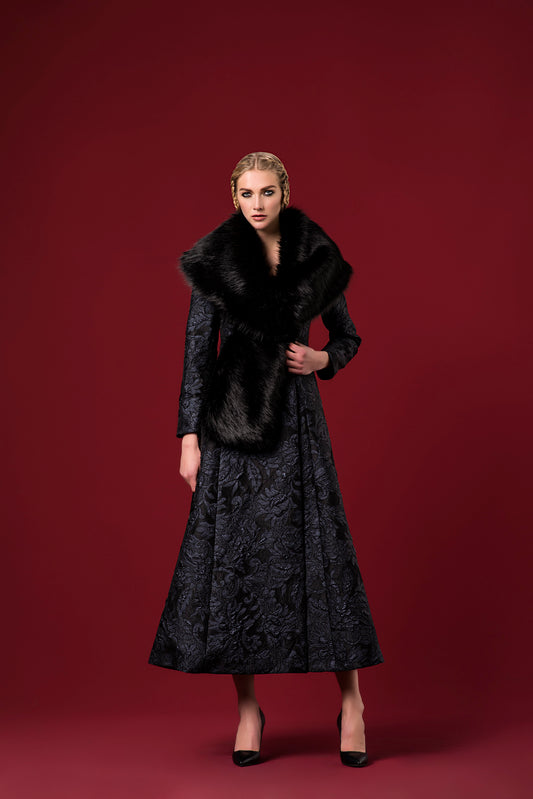 Flowered Jacquard Long Jacket with Faux-Fur Collar