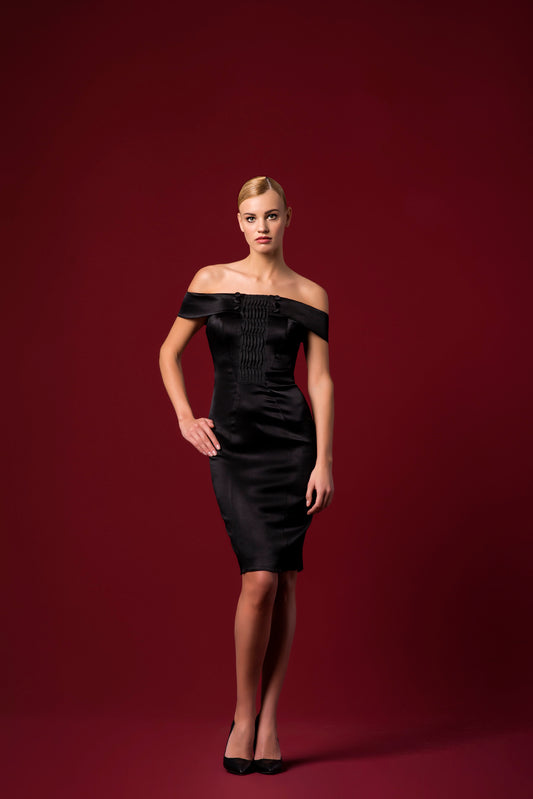 Pleat Detailed Stretch Satin Viscose Short Dress