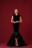 Strecth Velvet Long Dress with Organza Layered Hem