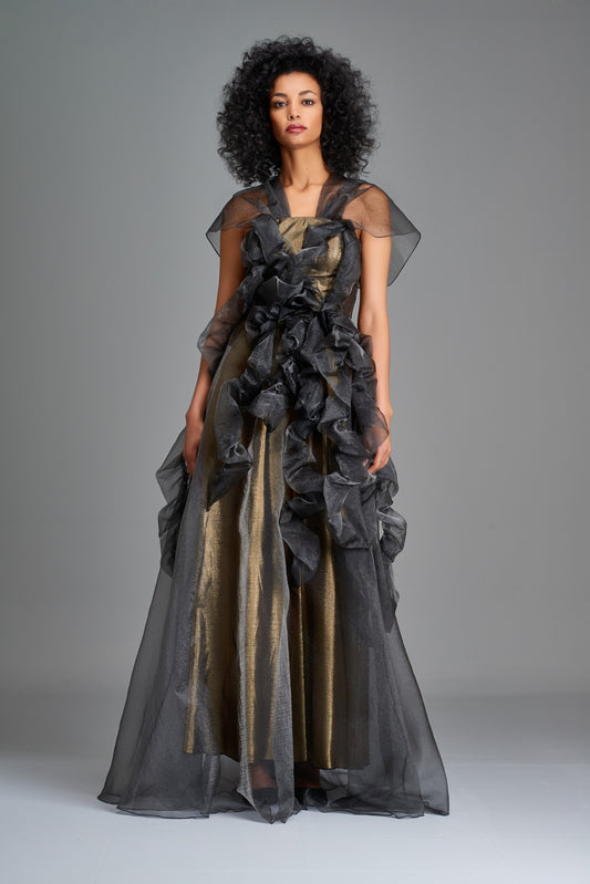Draped Organza and Metallic Satin Gown