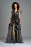 Draped Organza and Metallic Satin Gown