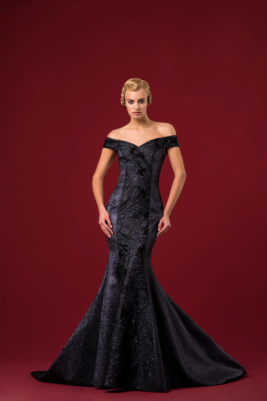Off-Shoulder Flowered Jacquard Long Dress