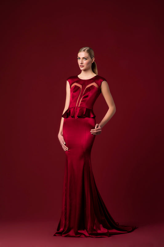 Sheer Paneled Stretch Satin Viscose Long Dress