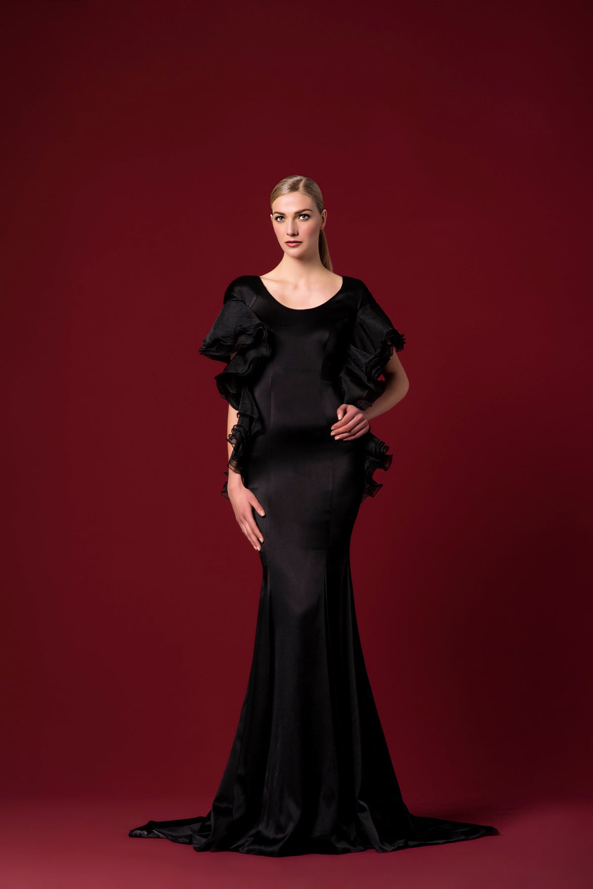 Layered Organza Sleeves Stretch Satin Viscose Long Dress Black