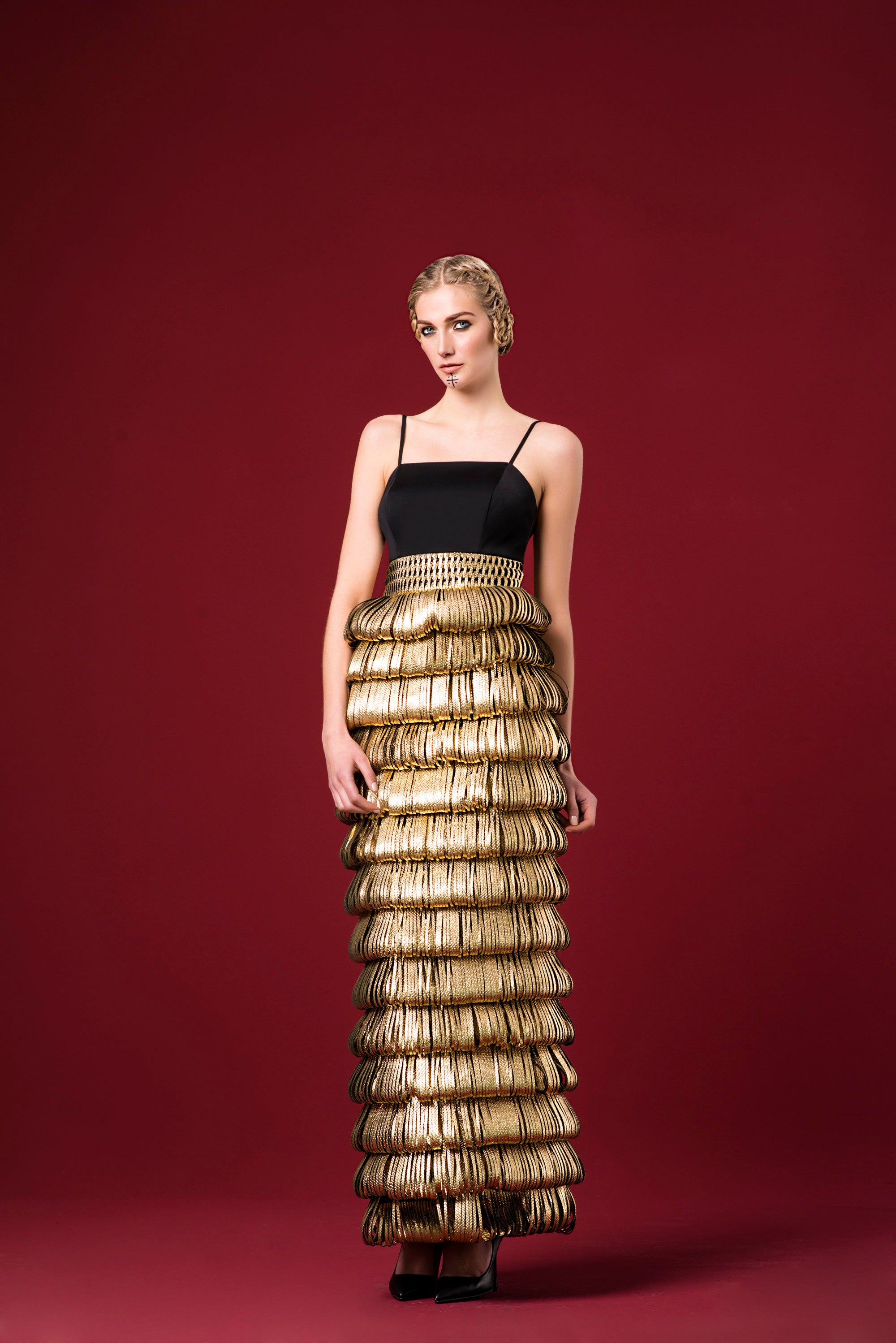 red leatherette dress Laser Cut Leatherette and Double Viscose Long Dress White & GOLD
