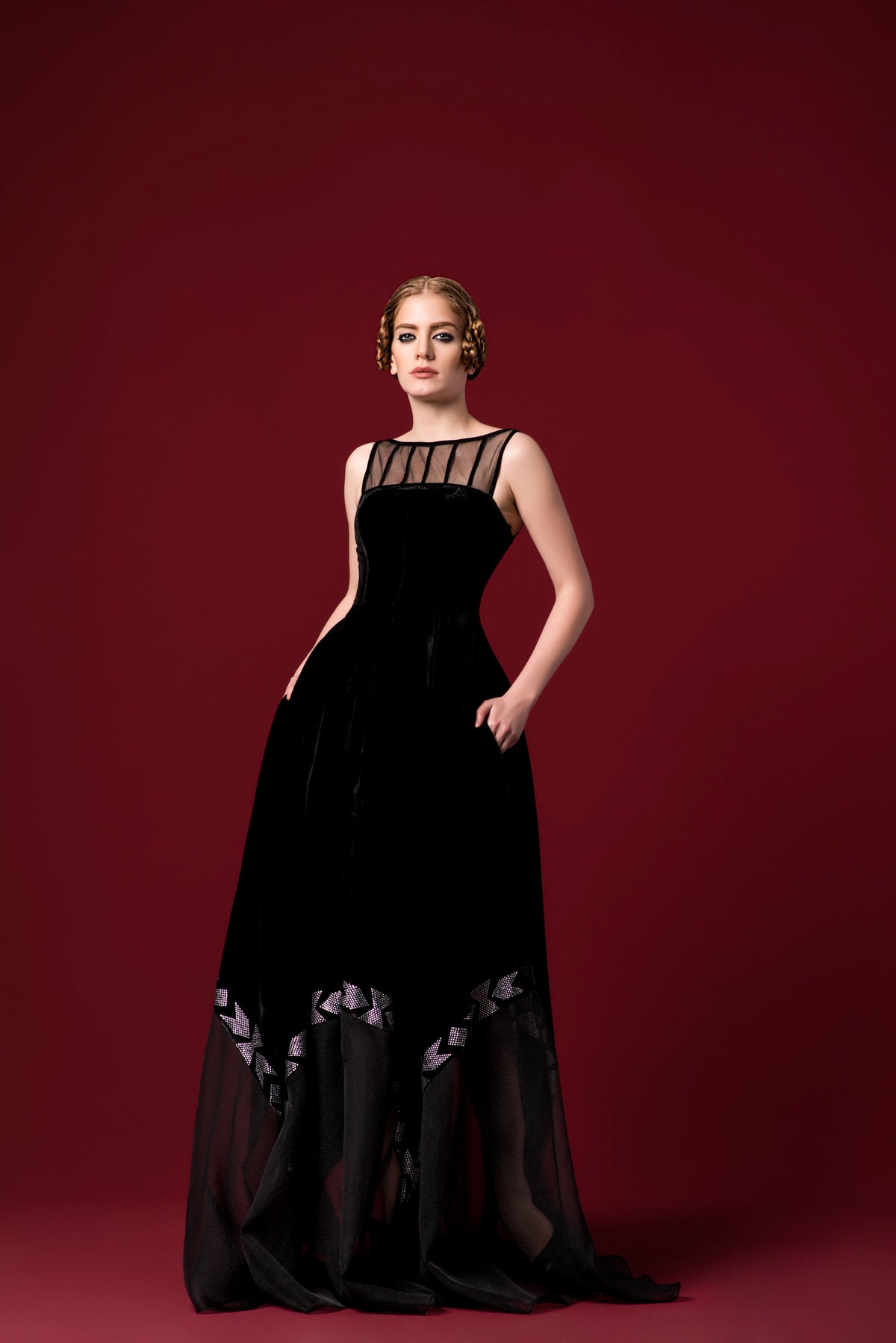 Shinny Velvet Long Dress with Stones