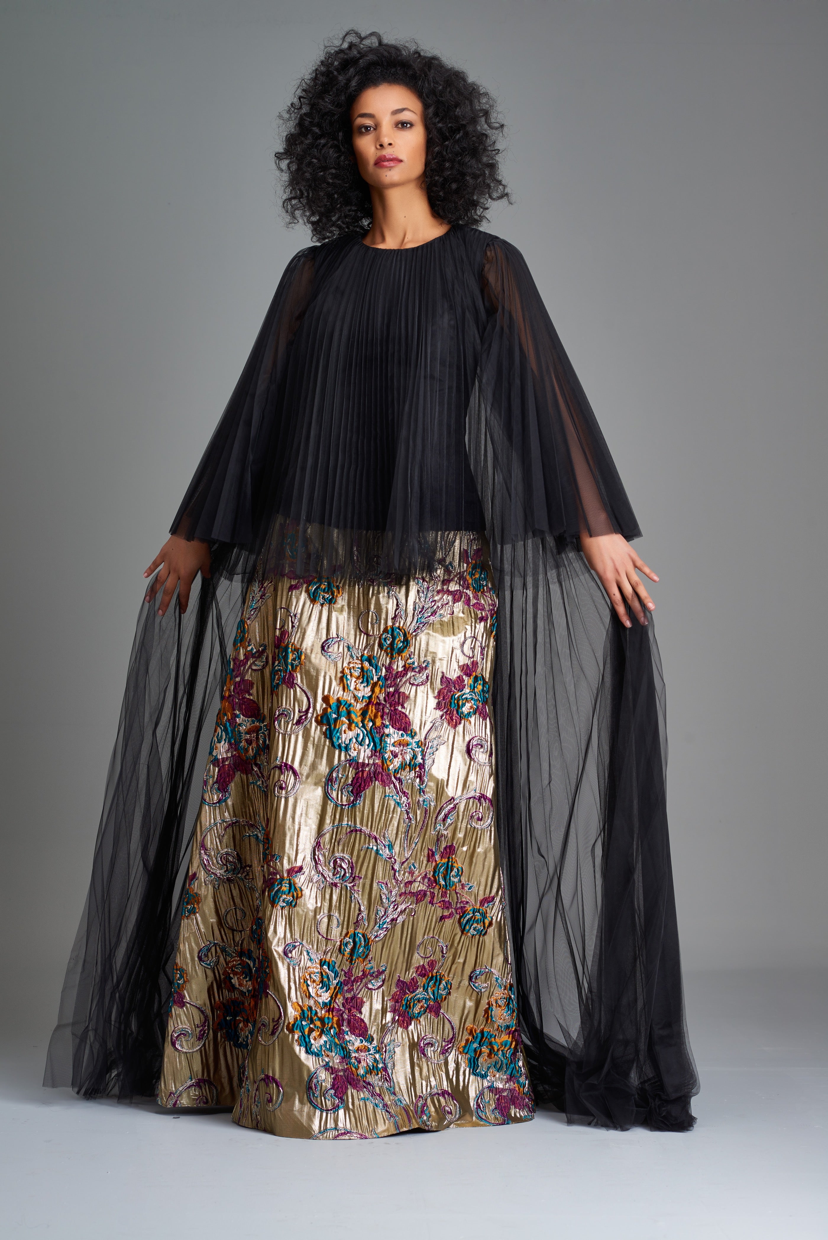 Pleated Tulle Top with Viscose Lining with Off-Shoulder Big Flower Jacquard Skirt