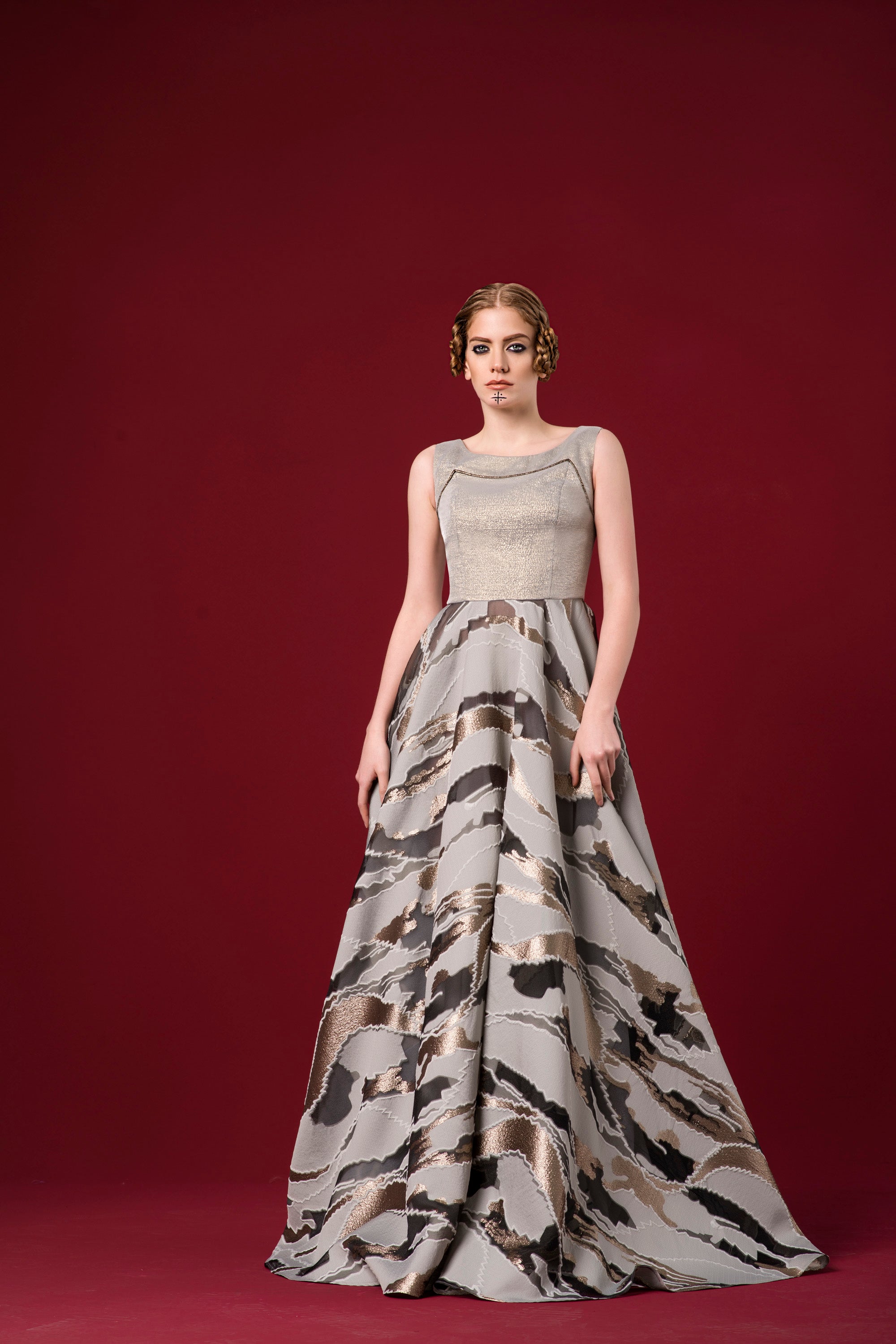 Metallic Jacquard and Camouflage Organza Dress BORDO / SILVER Metallic Jacquard and Camouflage Organza Dress BORDO / SILVER