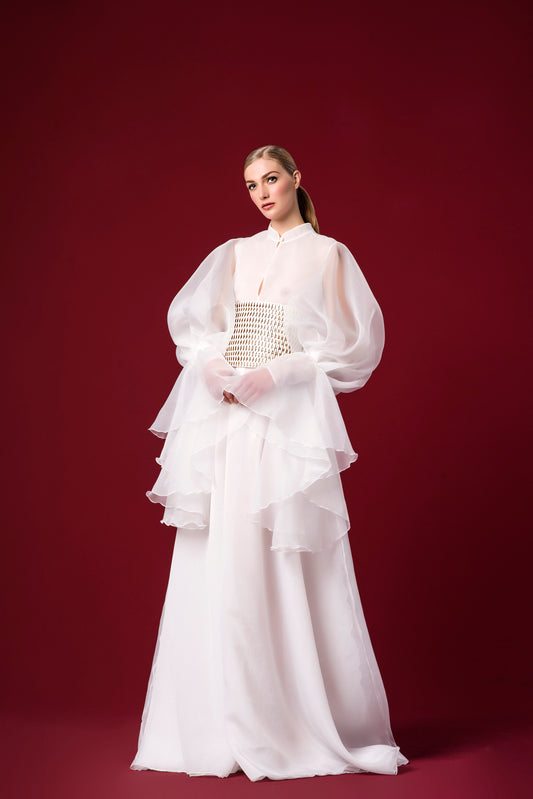 Organza Layered Gown with Hand-Weaved Belt