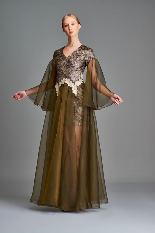 Metallic Flowered Jacquard and Organza Dress