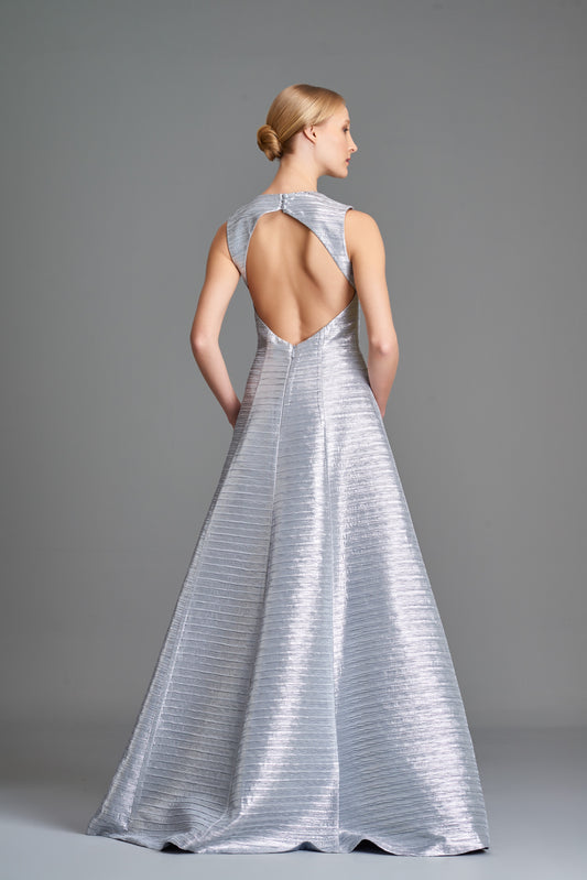 Pleated Metallic Satin Open-Back Gown