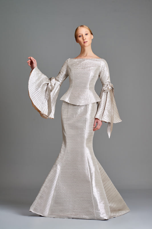Pleated Metallic Satin Long Sleeve Gown